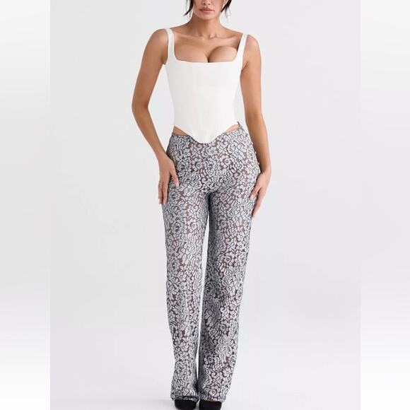 HOUSE OF CB  'Mara' Silver Metallic Lace Trousers Size XS - Picture 1 of 1